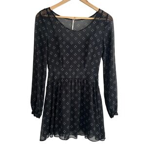 Free People Babydoll Mini Dress Womens XS Black Sheer Chiffon Boho Festival